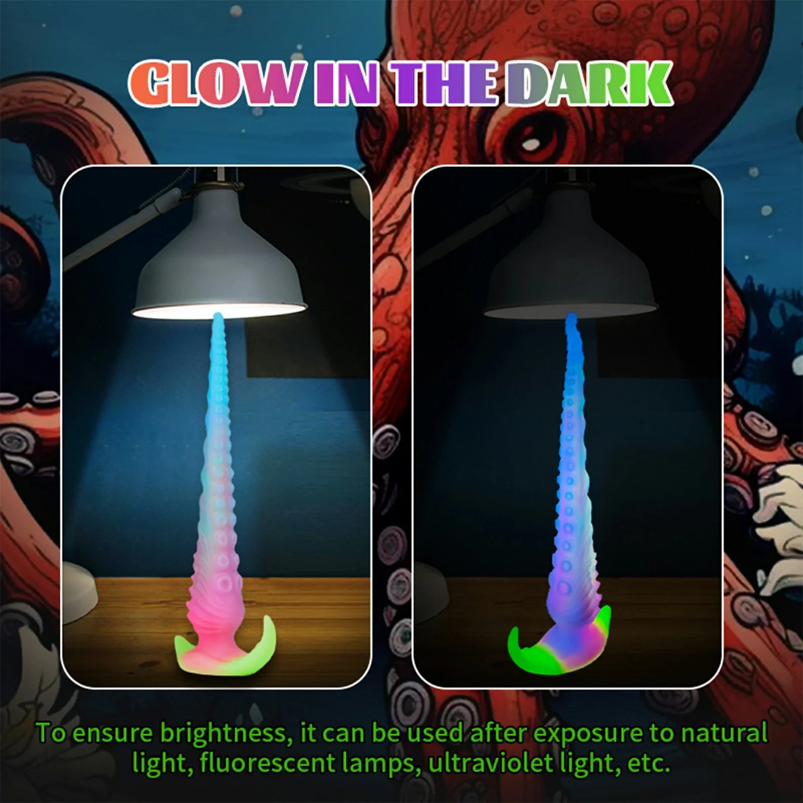 17.5 Inch Fantasy Tentacle Dildo Glow in the Dark Spiked Texture Anal Vaginal Play