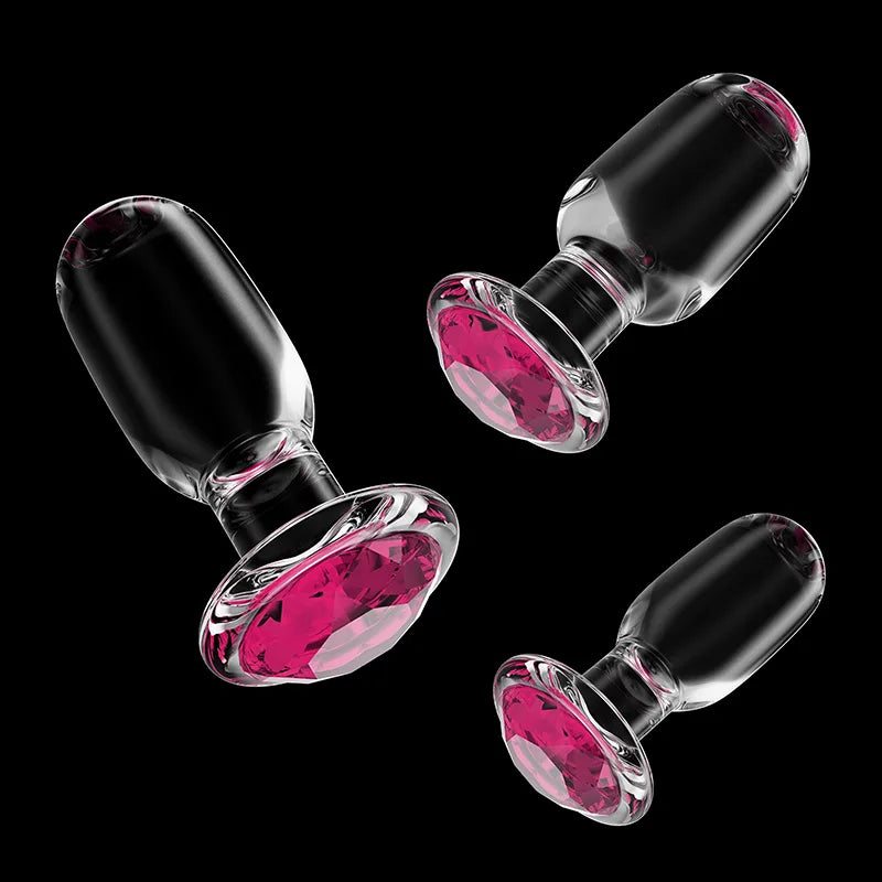 3Pcs Set Pink Gemstone Base Glass Butt Plug