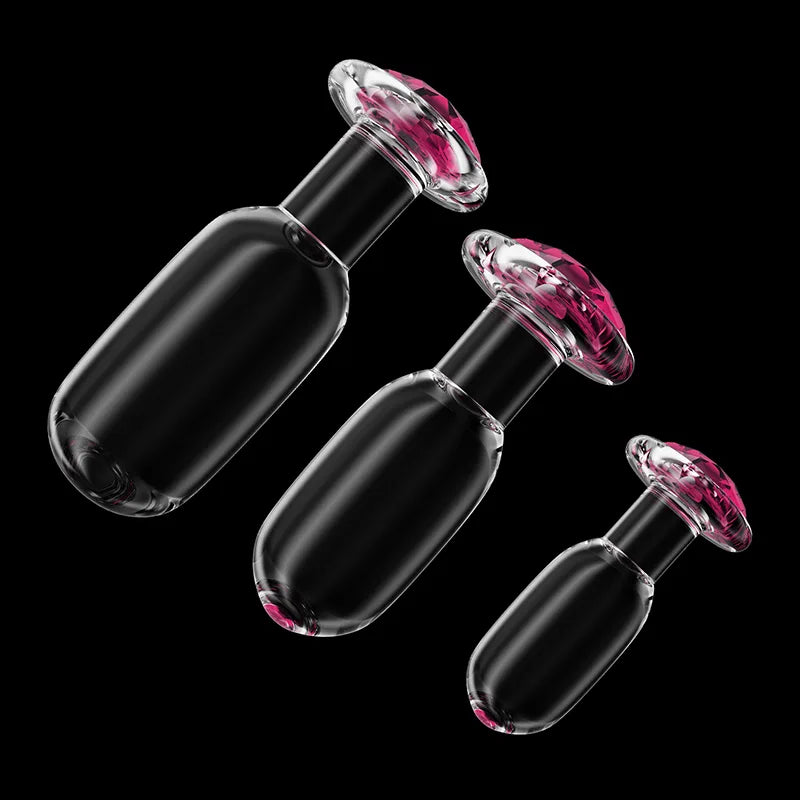 3Pcs Set Pink Gemstone Base Glass Butt Plug