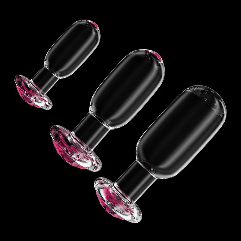 3Pcs Set Pink Gemstone Base Glass Butt Plug
