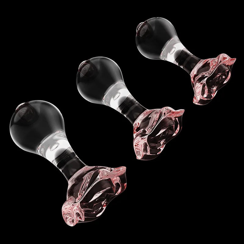 3Pcs Set Pink Flower Base Transparent Glass Butt Plug