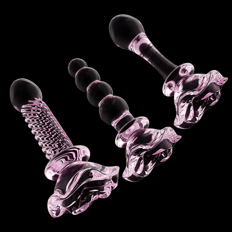3Pcs Set Pink Glass Butt Plug with Flower Base