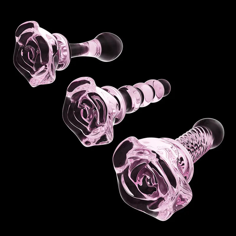 3Pcs Set Pink Glass Butt Plug with Flower Base