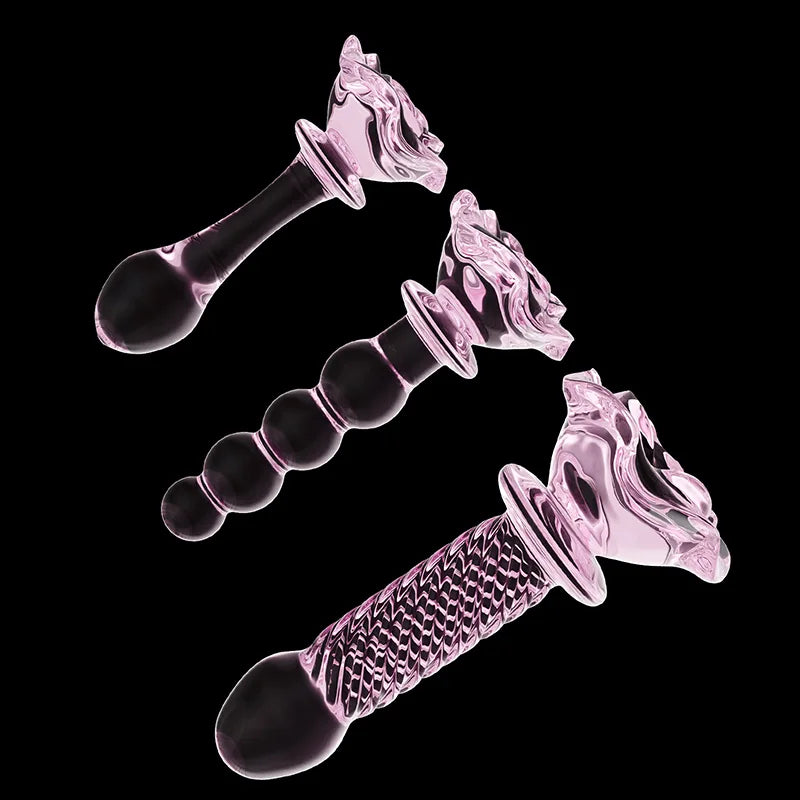 3Pcs Set Pink Glass Butt Plug with Flower Base