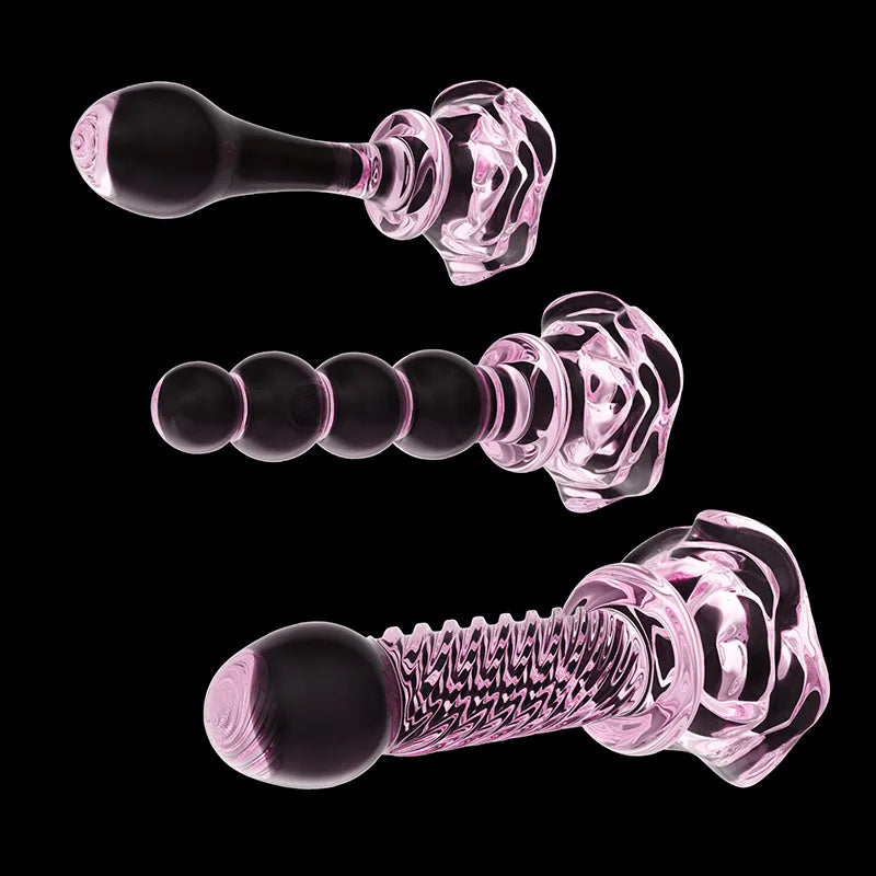 3Pcs Set Pink Glass Butt Plug with Flower Base