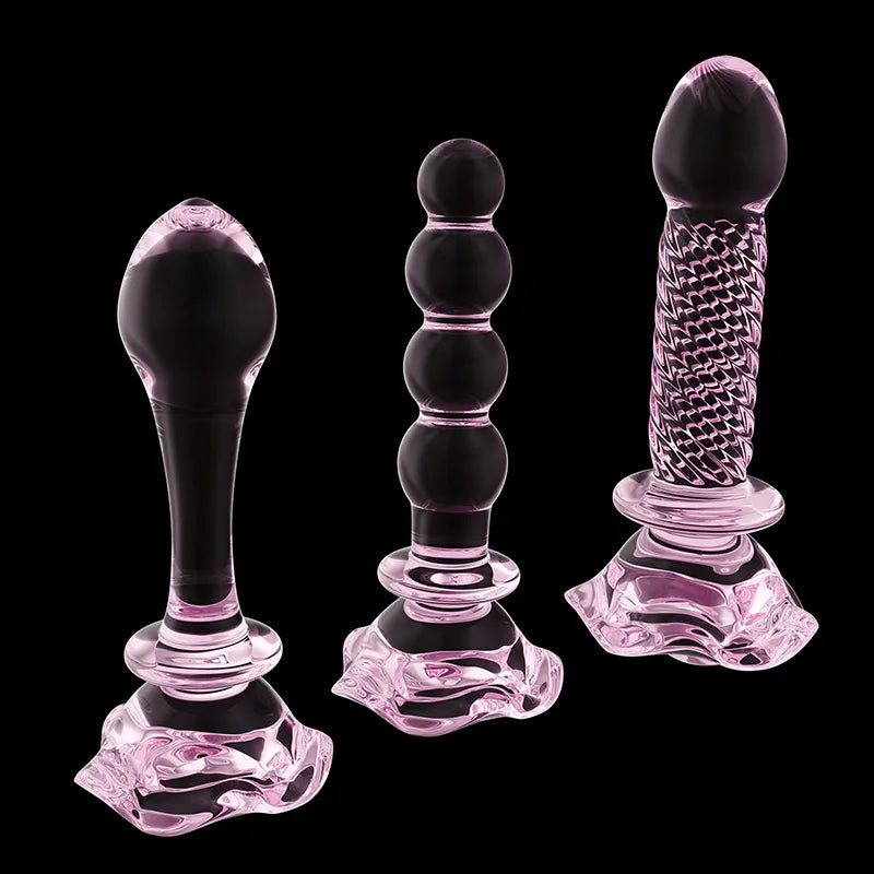3Pcs Set Pink Glass Butt Plug with Flower Base