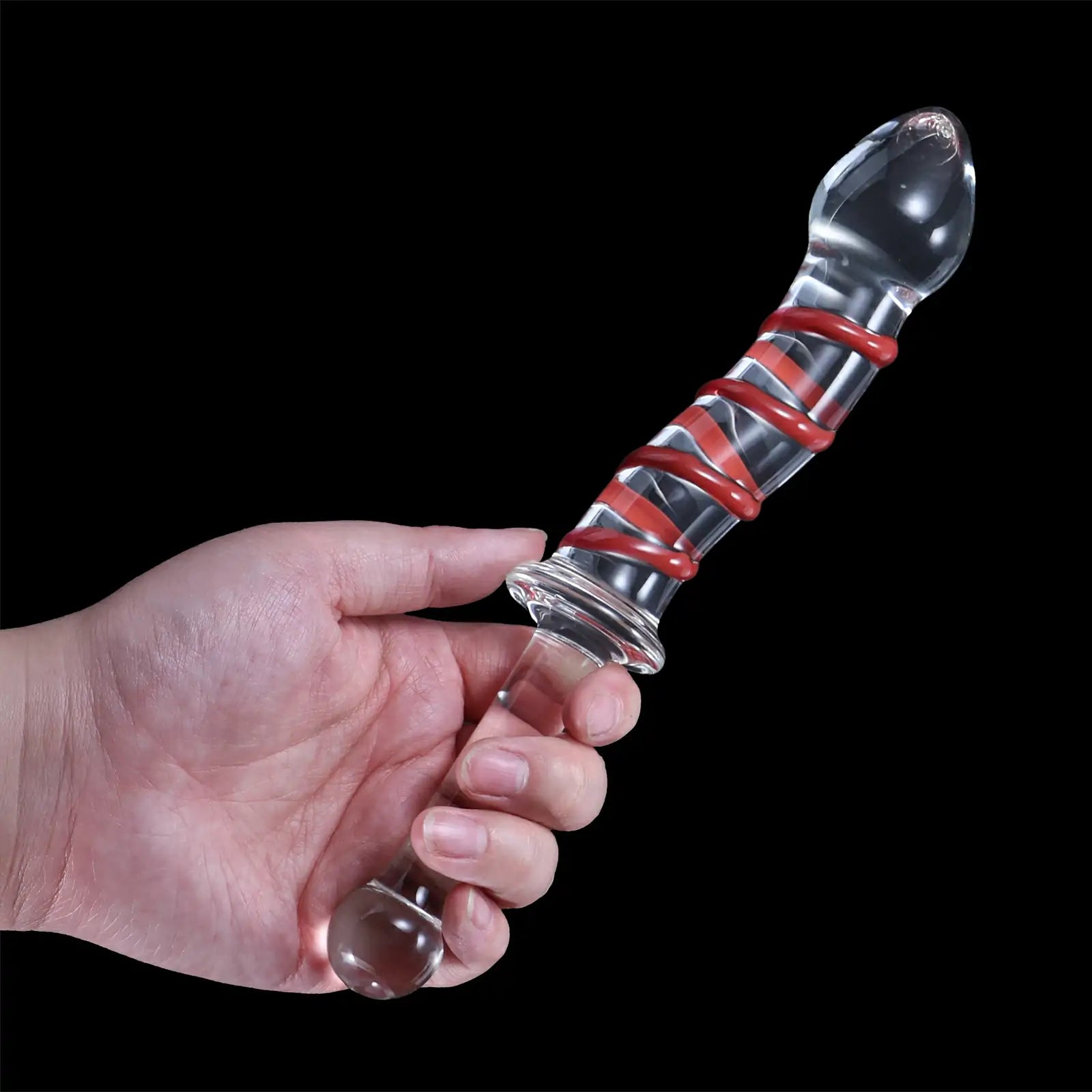 Red Spiral Textured Glass Dildo With Handle