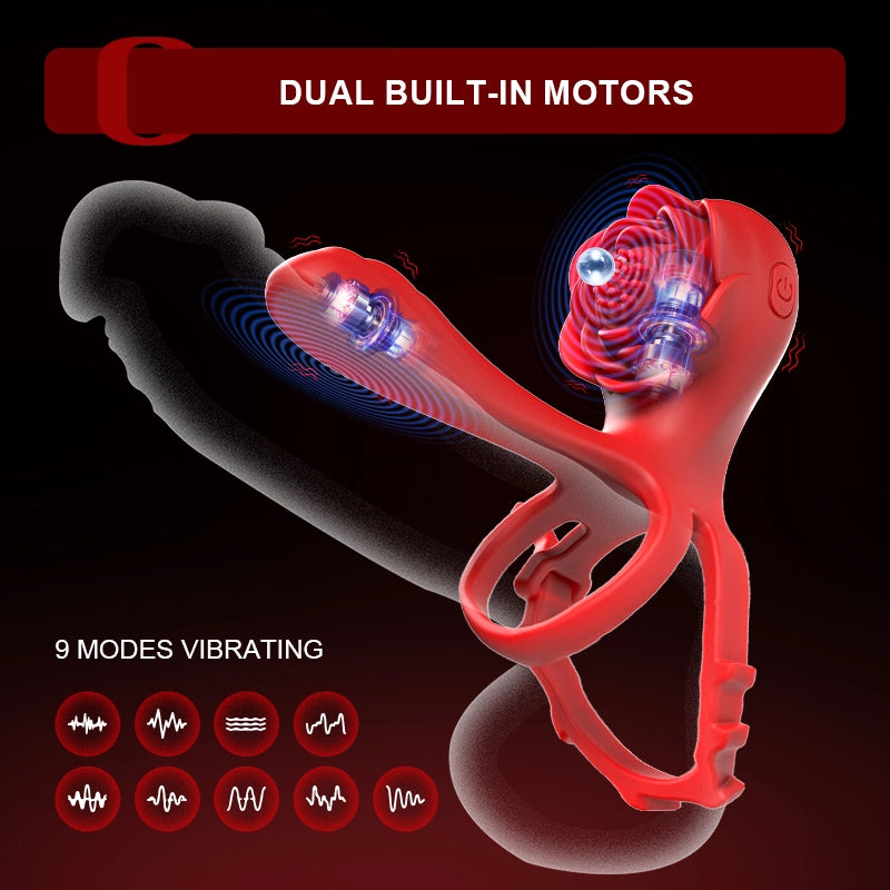 10 Vibration Mode Dual Motor Rose Cock Ring