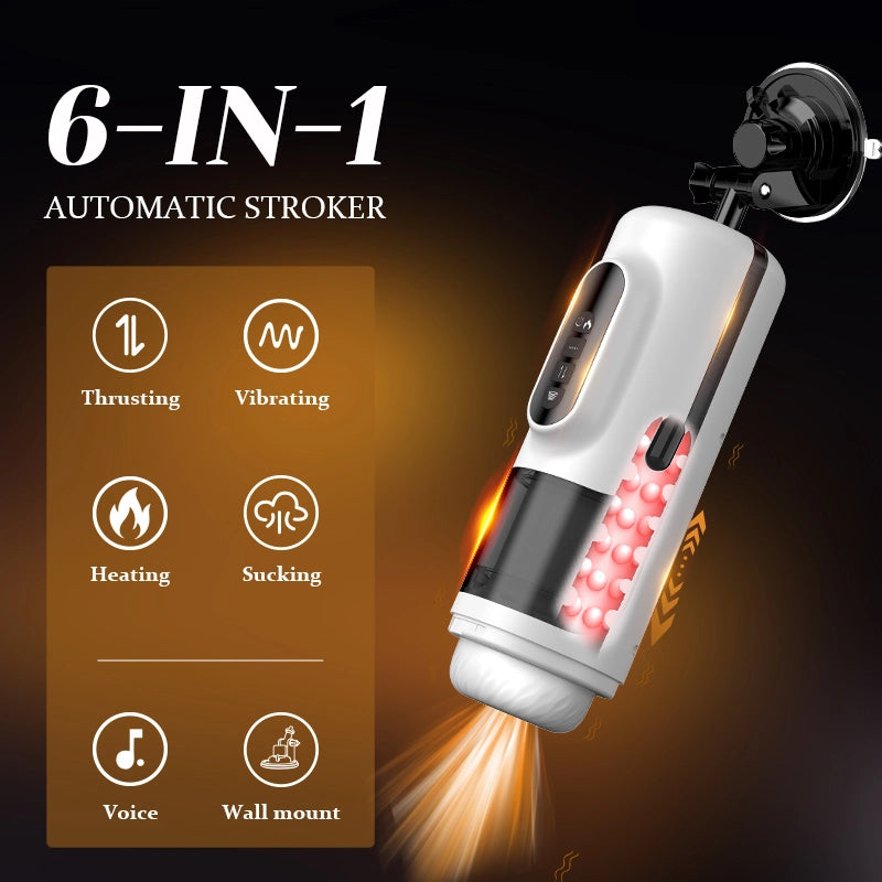 6 In 1 Thrusting Vibrating Heated Male Masturbator with Silicone Sleeve