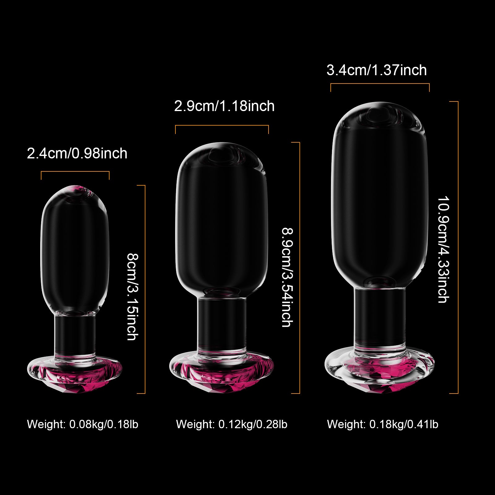 3Pcs Set Pink Gemstone Base Glass Butt Plug