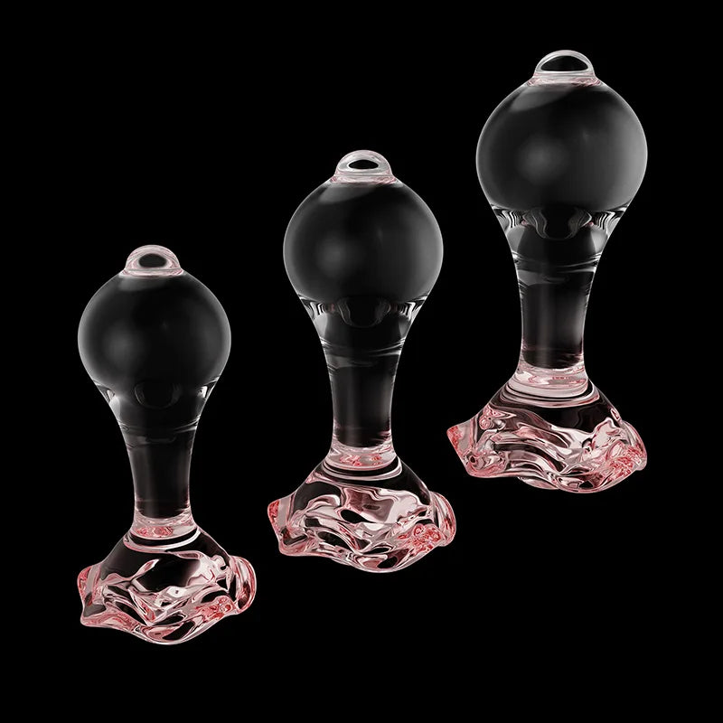 3Pcs Set Pink Flower Base Transparent Glass Butt Plug
