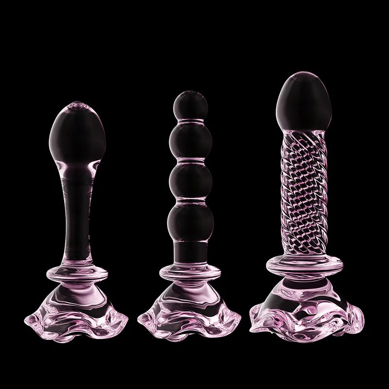 3Pcs Set Pink Glass Butt Plug with Flower Base