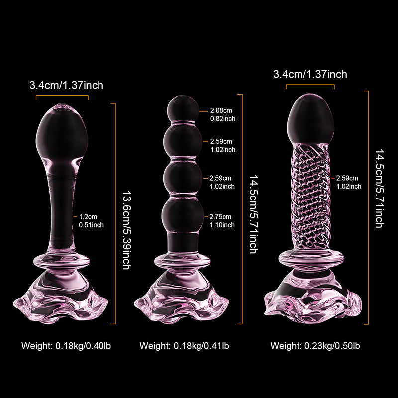 3Pcs Set Pink Glass Butt Plug with Flower Base