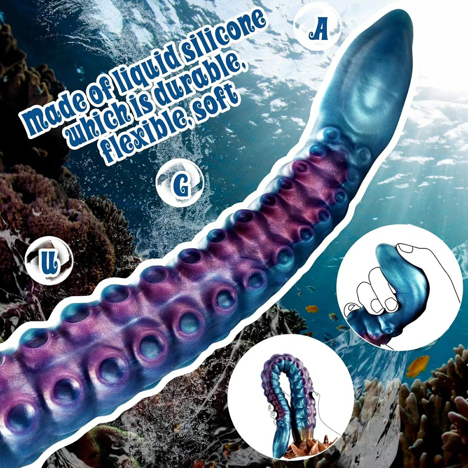 19" Curved Tentacle Dildo With Textured Suckers And Clawed Suction Base