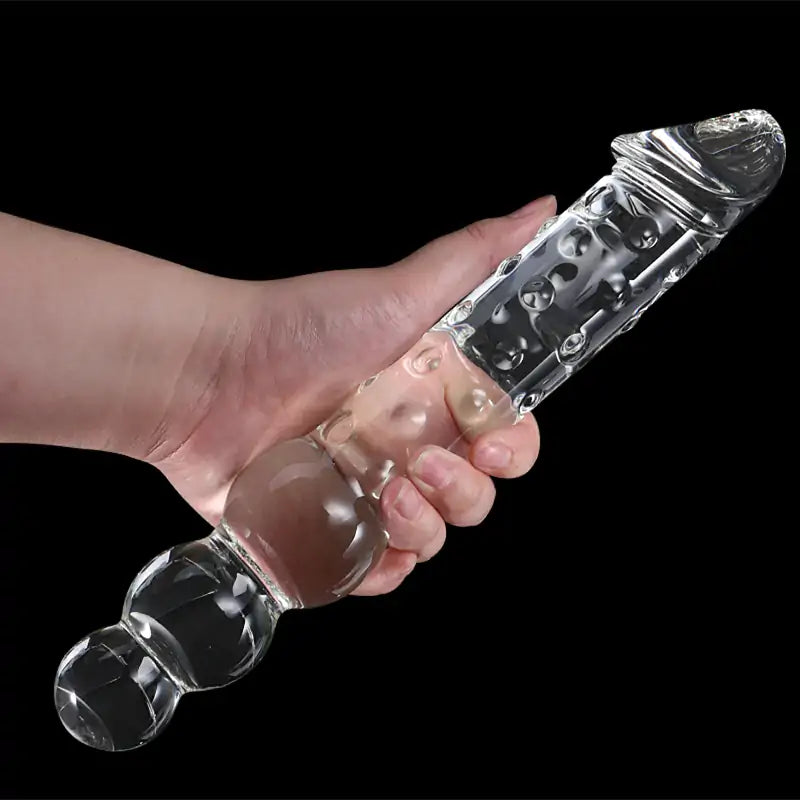 11.2 Inch transparent glass dildo with realistic glans and bead handle